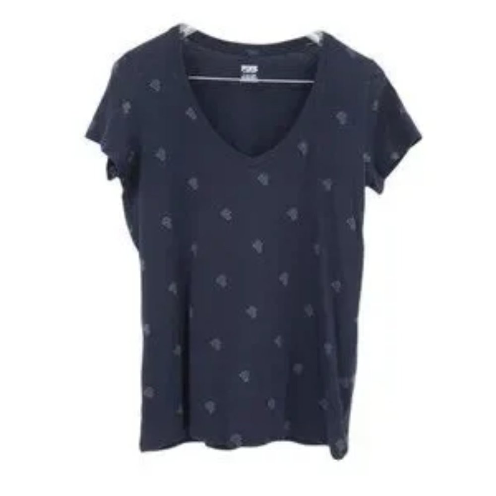 VS PINK V Neck Black Monogram All Over P‎ Top Sz S - EUC